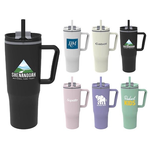 30 oz. Double Wall Plastic Travel Mug w/ Handle & Straw